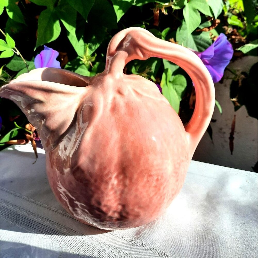Vintage Stoneware Jug Pink Vine Strawberry Pottery Pitcher 1940s